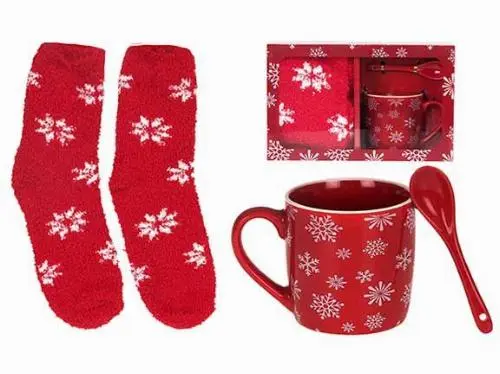 [4974] Porz. Löffeltassenset mit Kuschelsocken Gr. 38-41 Design Schneeflocken